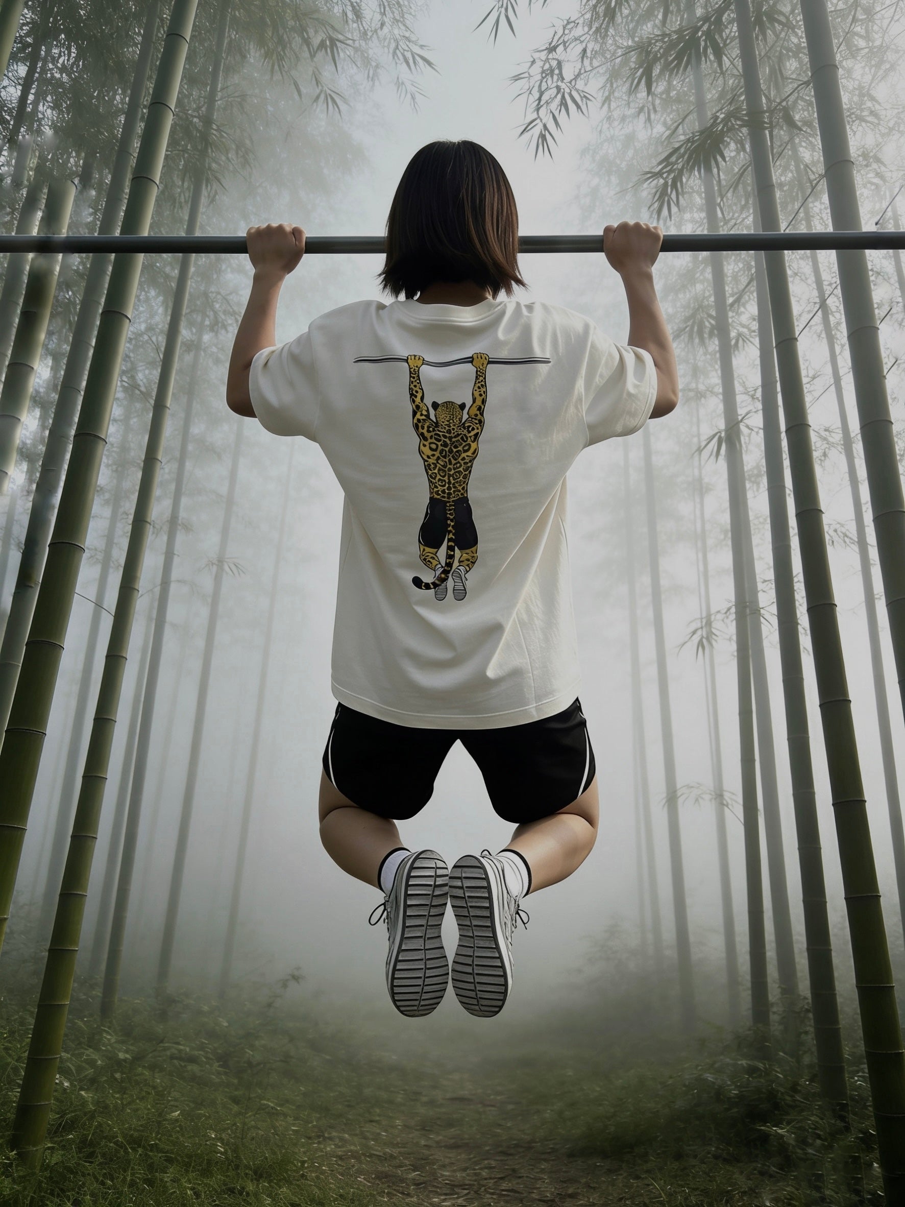 Person hanging on a bar, doing a pull-up in a foggy bamboo forest with a white/natural shirt featuring a leopard doing a pull up print design.